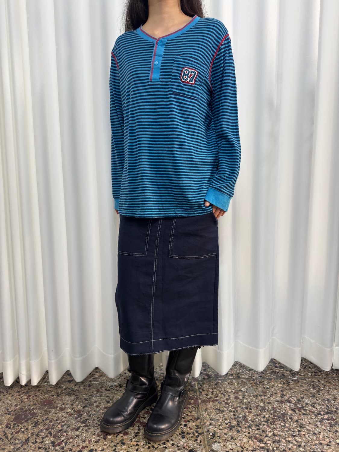dressterior navy stitch belt midi skirt 상품이미지3