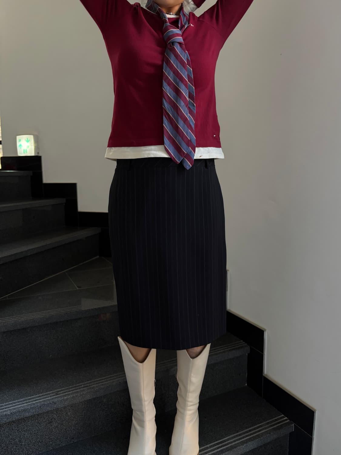 긱시크 스트라이프 미디 스커트 상품이미지1