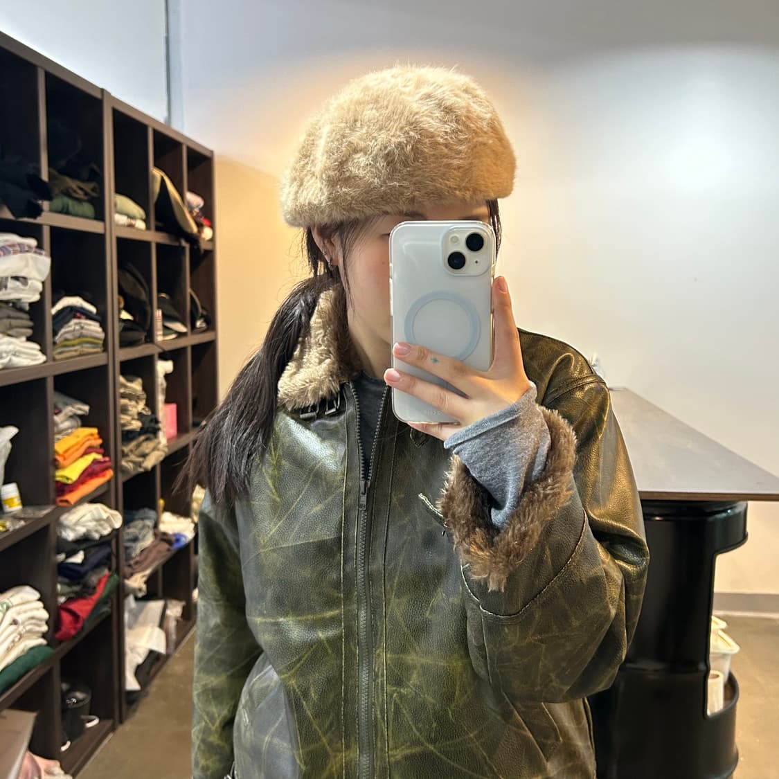 Beams 카멜 퍼 베레모 상품이미지5