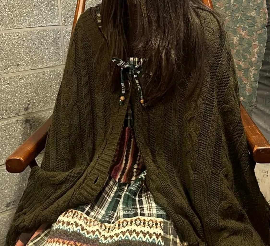 빈티지 케이블 니트 케이프 판초판쵸 망토 카키브라운 모리걸하구미페어리 상품이미지2