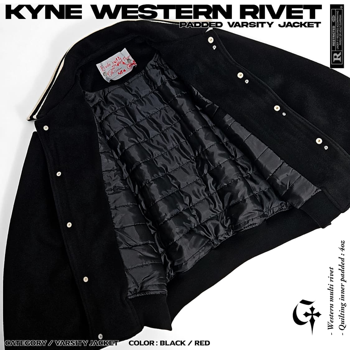 Kyne 웨스턴리벳 패딩 바시티자켓 (black) 상품이미지4