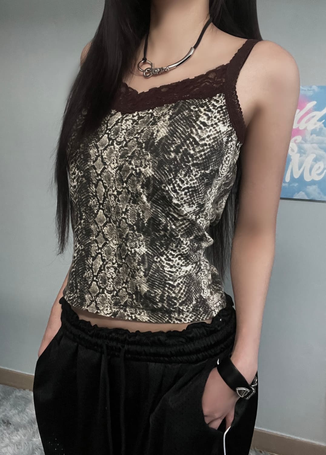 y2k 갸루 브라운 펑크 뱀피 파이톤 레이스 슬리브리스 상품이미지4