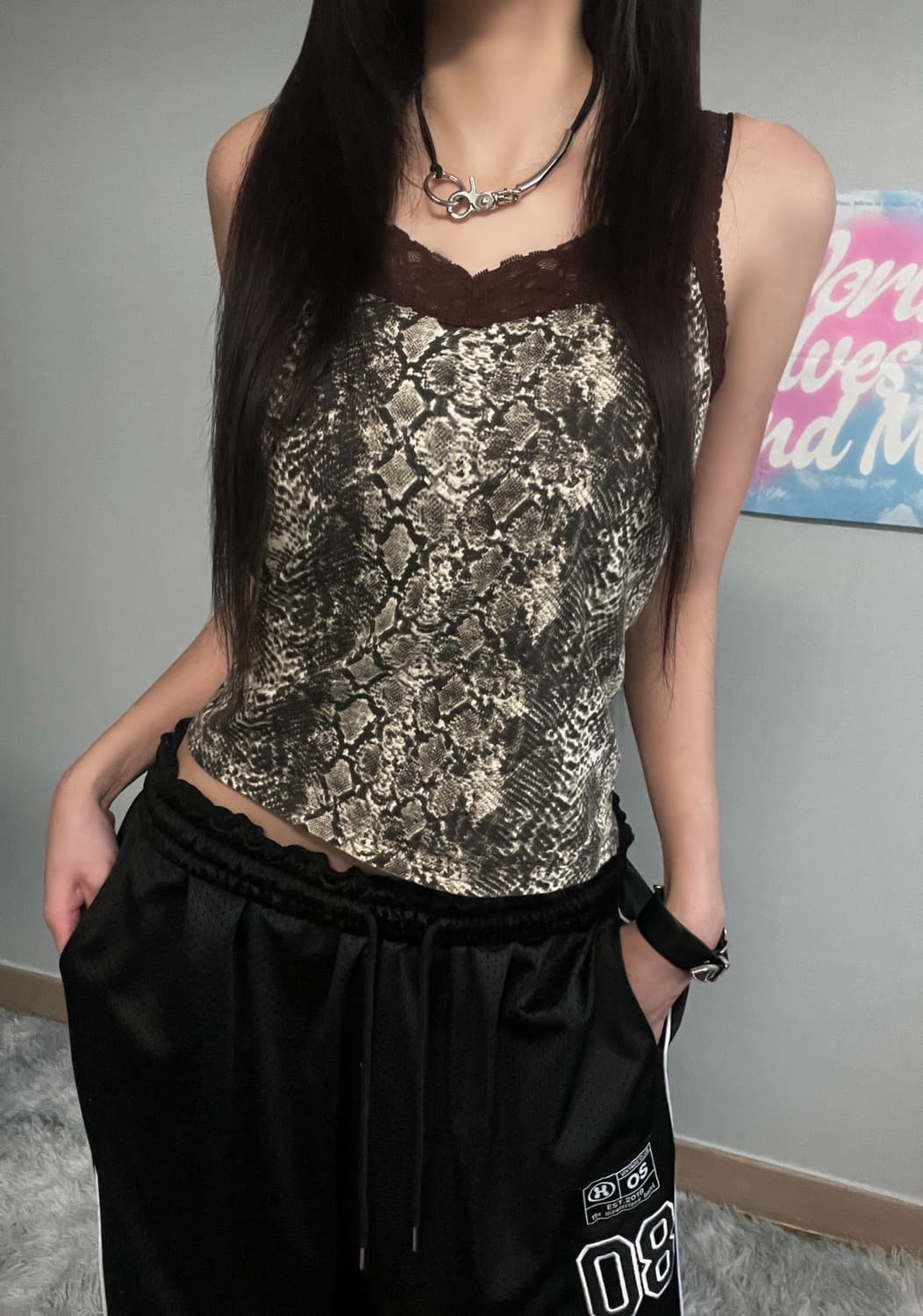 y2k 갸루 브라운 펑크 뱀피 파이톤 레이스 슬리브리스 상품이미지1