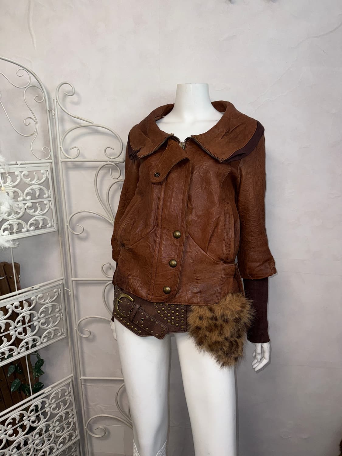 Camel brown lamb skin fox fur warmer jk 상품이미지7