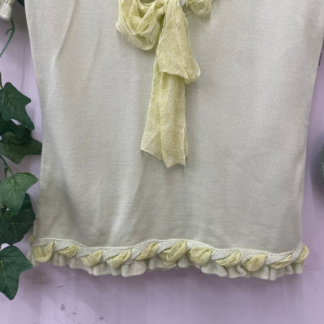 멜론맛 도트 쉬폰 스트링 디테일 리본 멜론컬러 반팔 티셔츠 상품이미지3