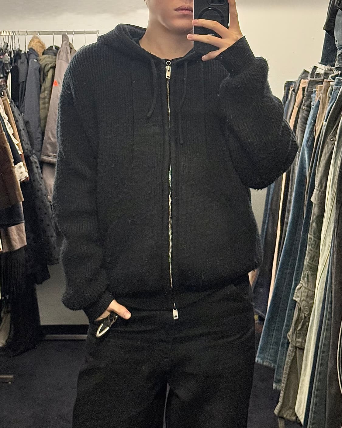 INDUST 인더스트 니트 스웨터 후드 집업 오버핏 투웨이지퍼 절개 블랙 상품이미지1