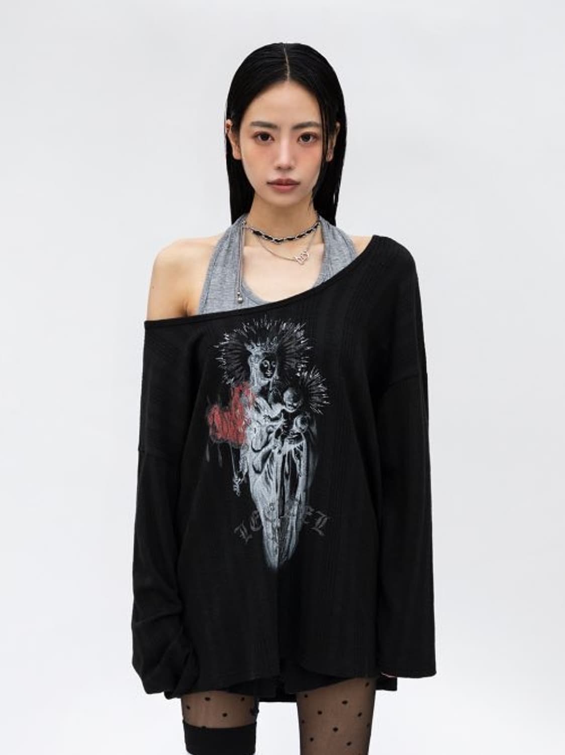 와이이이엘 yeel 빈티지 레이어드 오프숄더 탑 블랙 상품이미지1