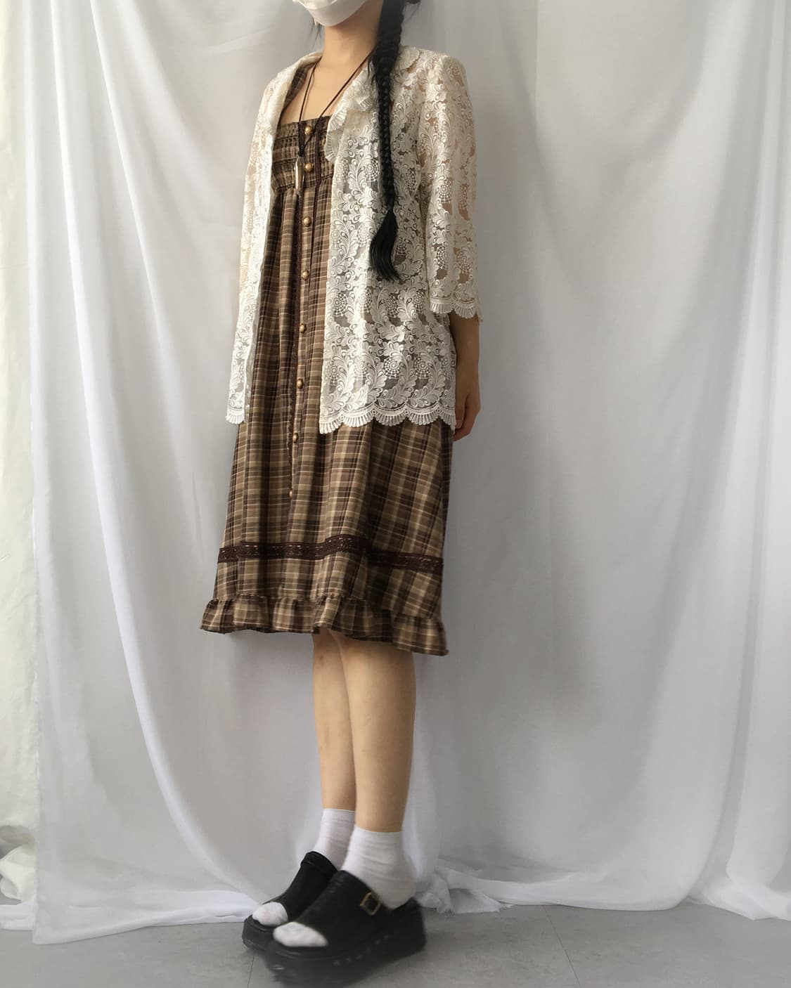 Lace trimming check pattern onepiece 상품이미지7