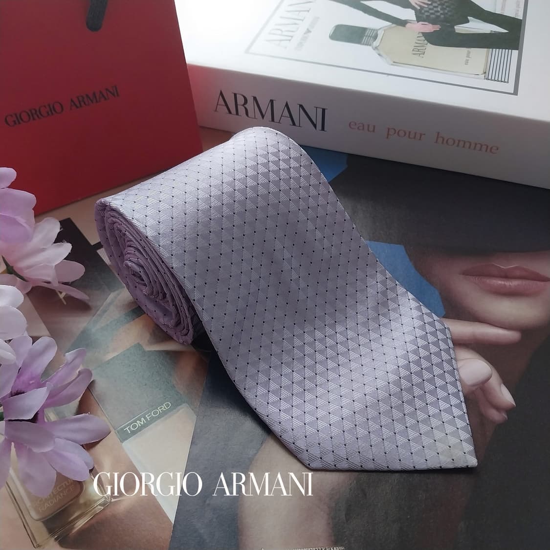 조르지오 아르마니 실크 연보라 패턴 넥타이 9.1cm A등급 K2690 상품이미지2