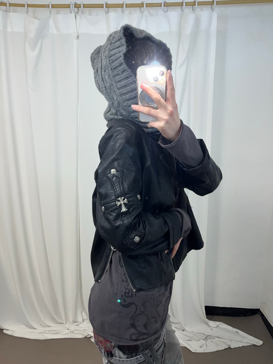십자가 니트 후드 레더 자켓 상품이미지2