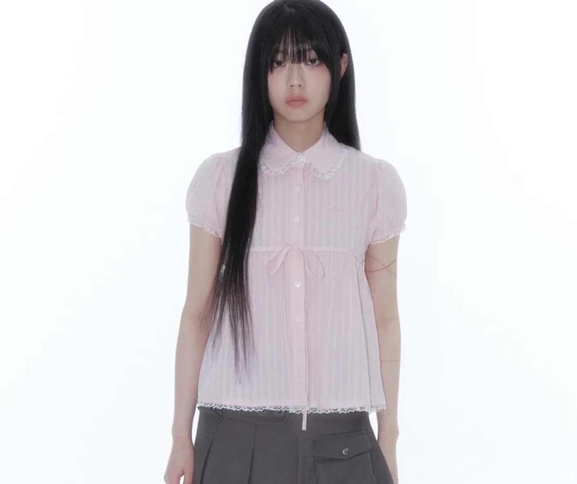 카시코 퍼프 슬리브 레이스 셔츠 핑크 상품이미지1
