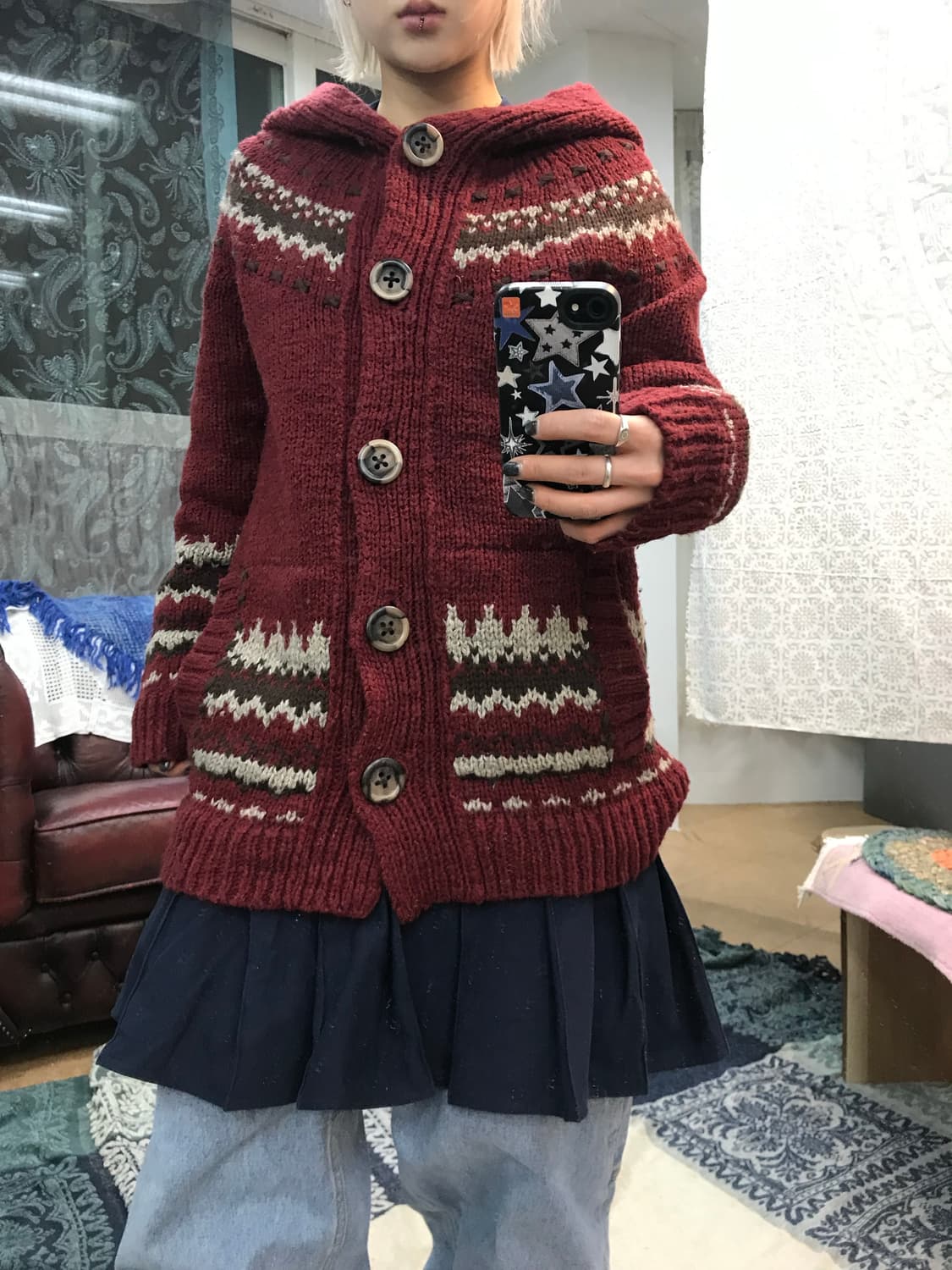 써스데이아일랜드 에스닉 니트 후드 롱 가디건  상품이미지1