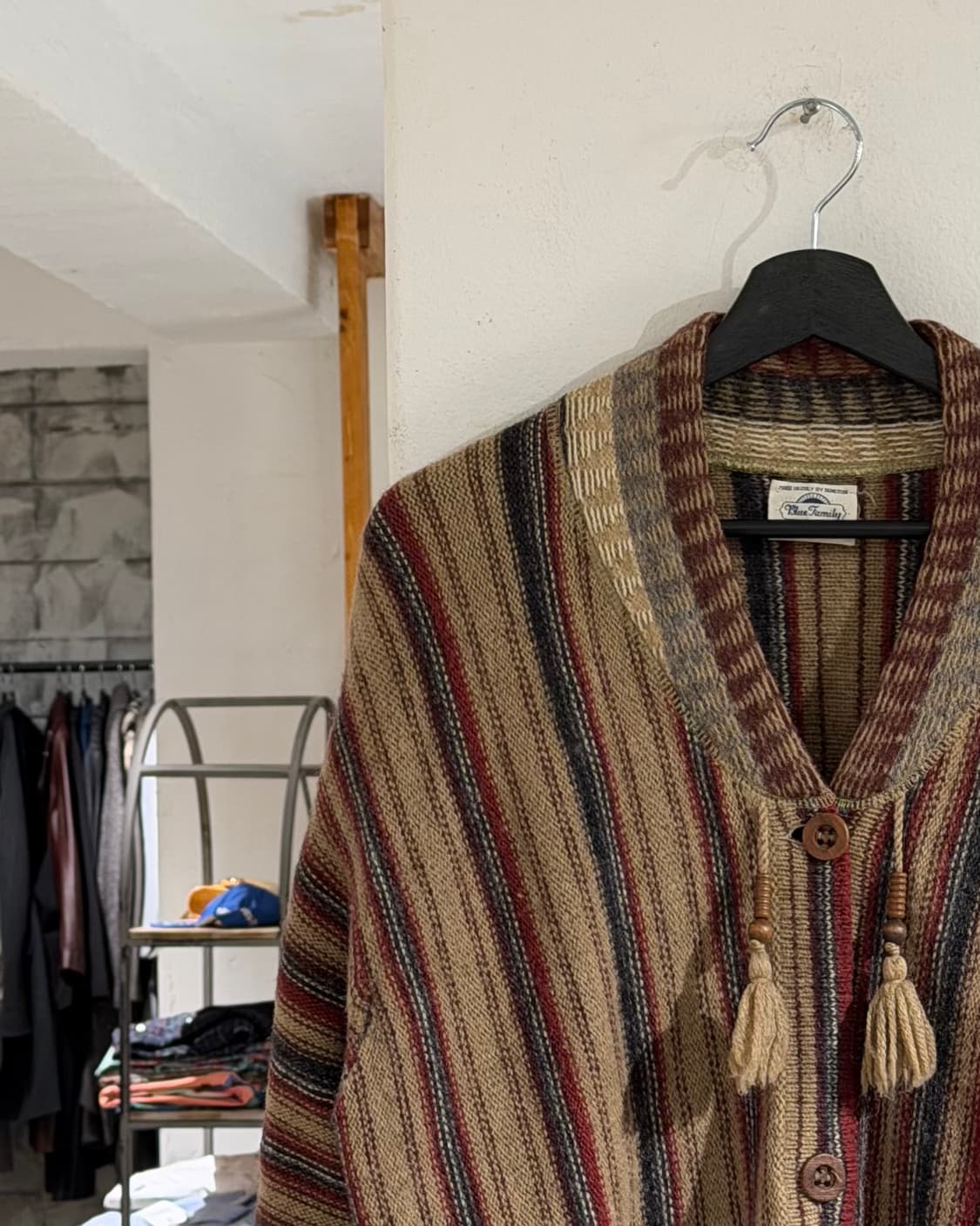 베네통 블루패밀리 베이지 울 멕시칸 바하 쇼울 카라 태슬 가디건 상품이미지2