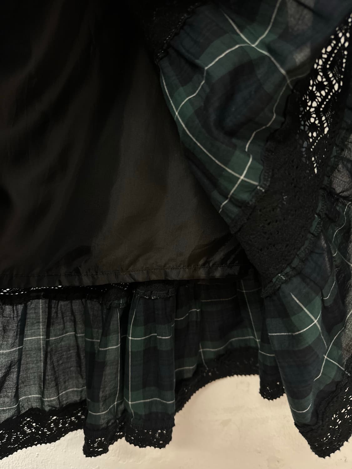 일본빈티지 그린 타탄 체크 레이스 티어드 캉캉 레이어드 코튼 스커트 상품이미지4