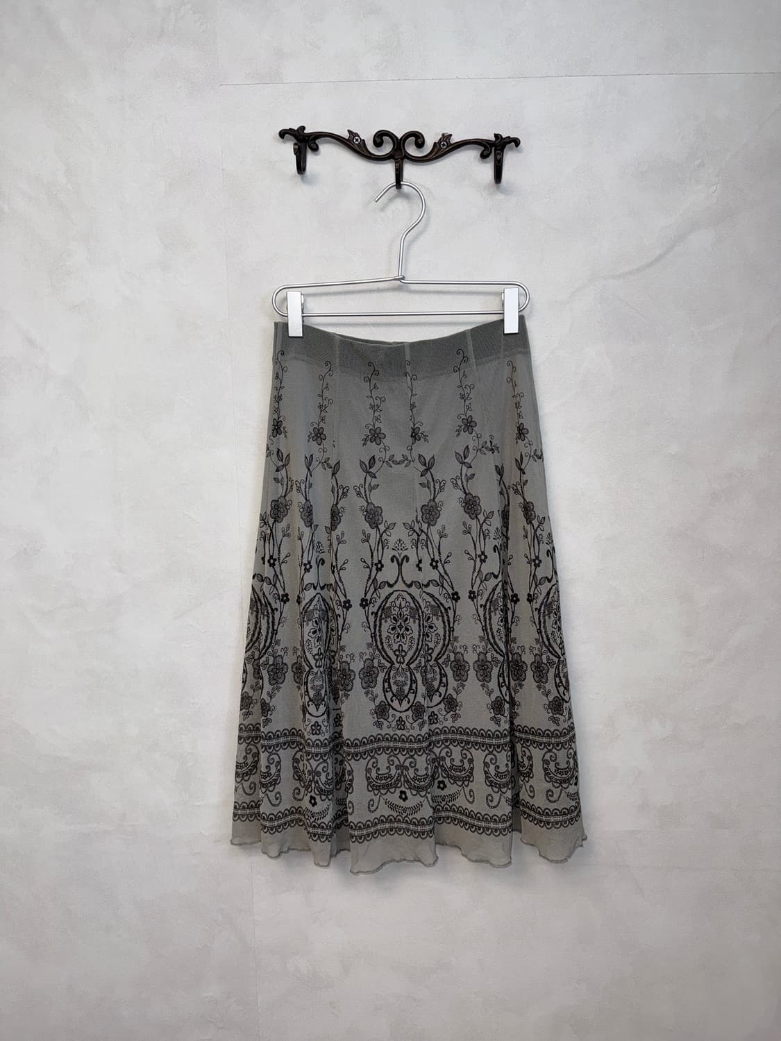 Gray oriental floral mesh pleats skirt 상품이미지1