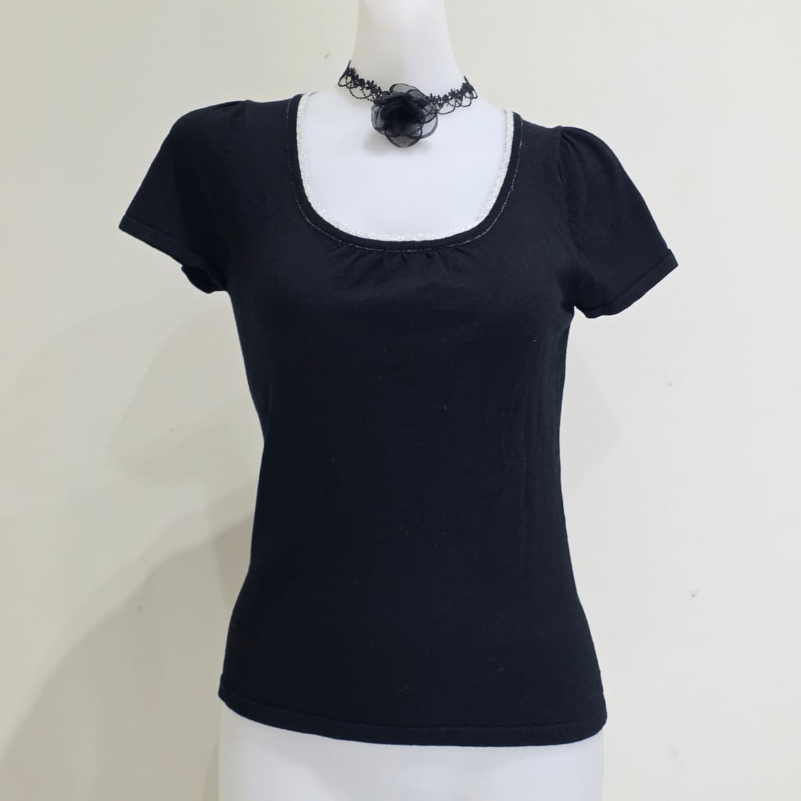 일본빈티지 anysis)블랙 고딕로리타 공겜여주 레이스 니트반팔블라우스 상품이미지2