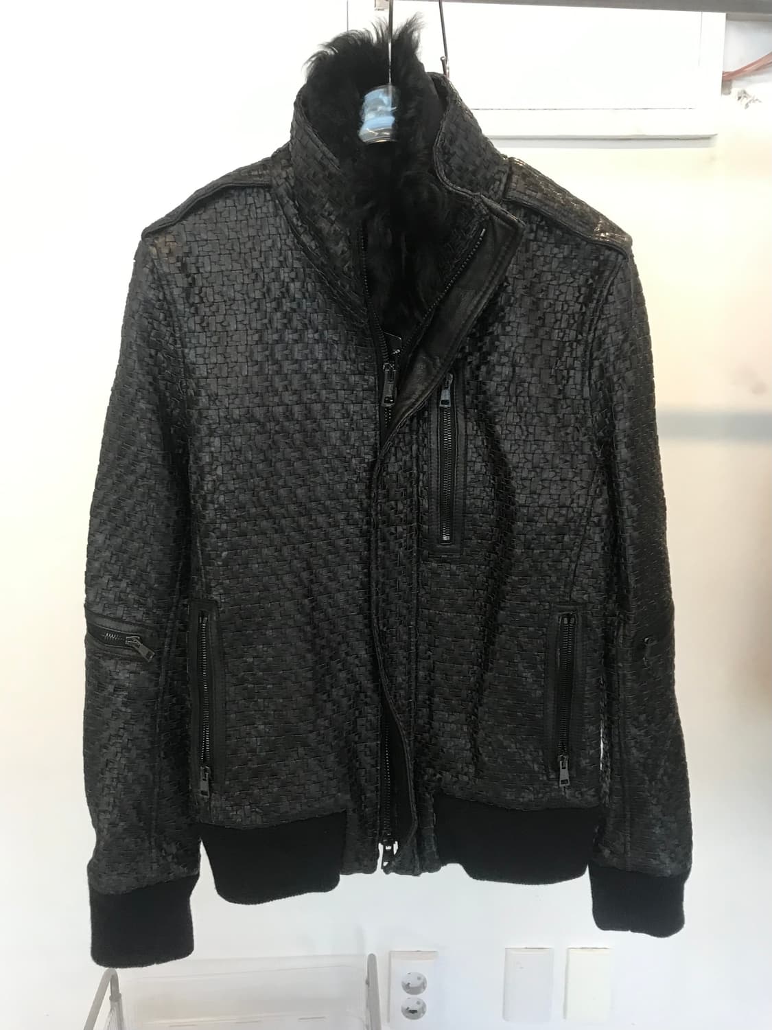 Woven Fur-Collar Leather Moto Jacket 상품이미지1