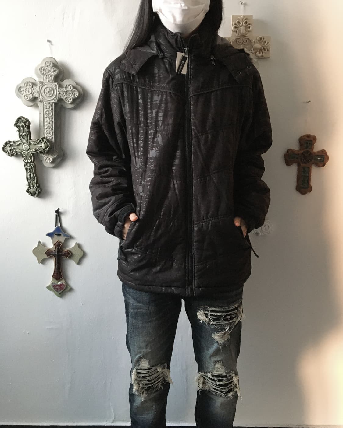 Fake fur hood dyed printing jacket 상품이미지1