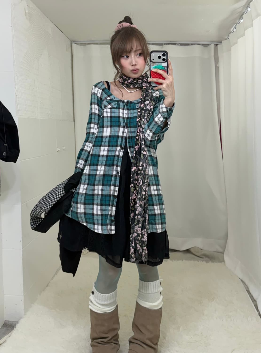 무채색 모리걸 컬러포인트 체크 원피스 하이넥 야상 코디세트 상품이미지3