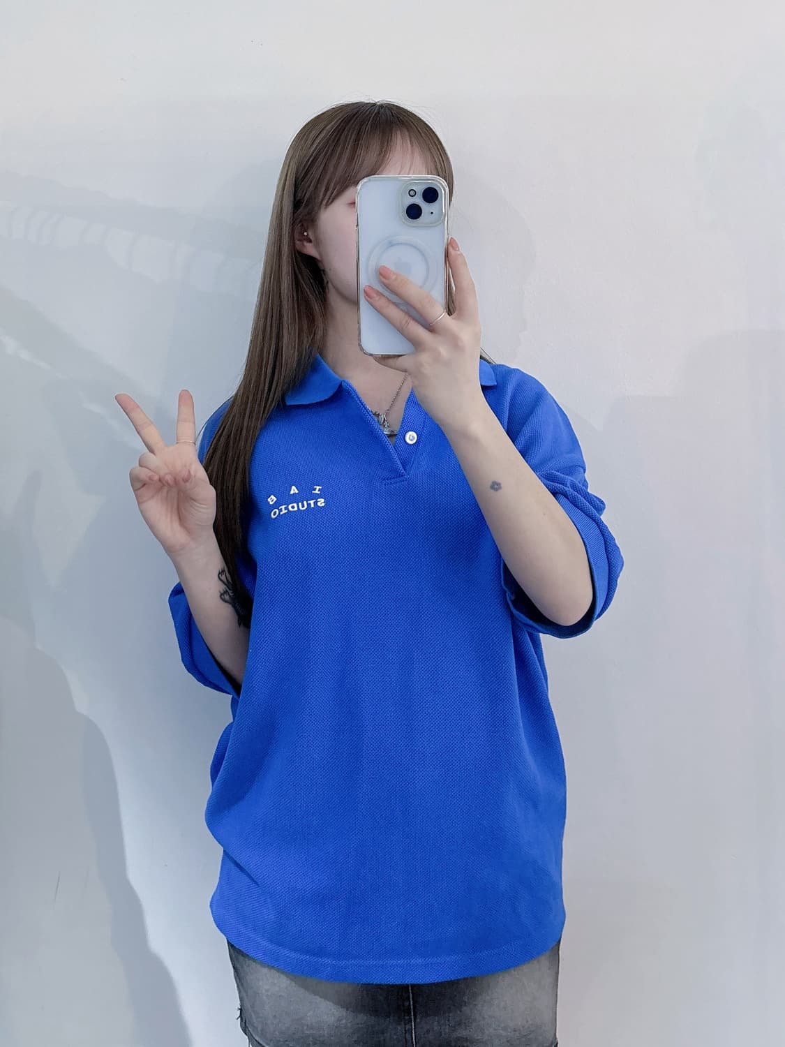 아이앱 크롭피케 블루 셔츠 상품이미지1