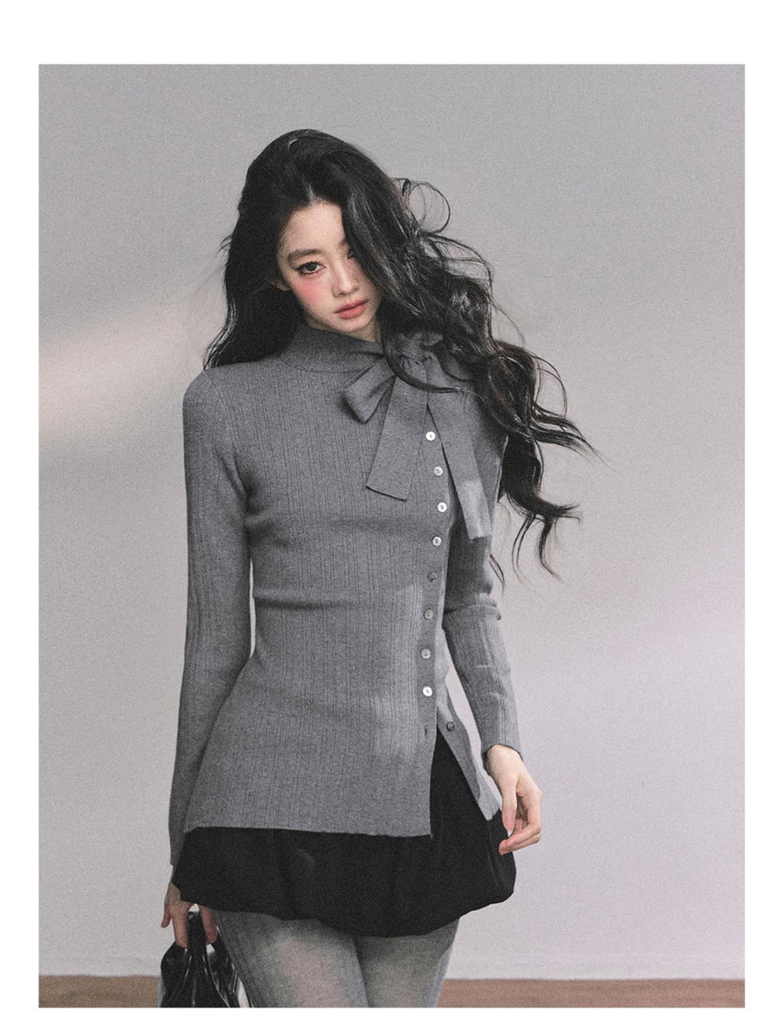 ShaoyeEye 니트 슬림핏 리본넥 스웨터 상품이미지1