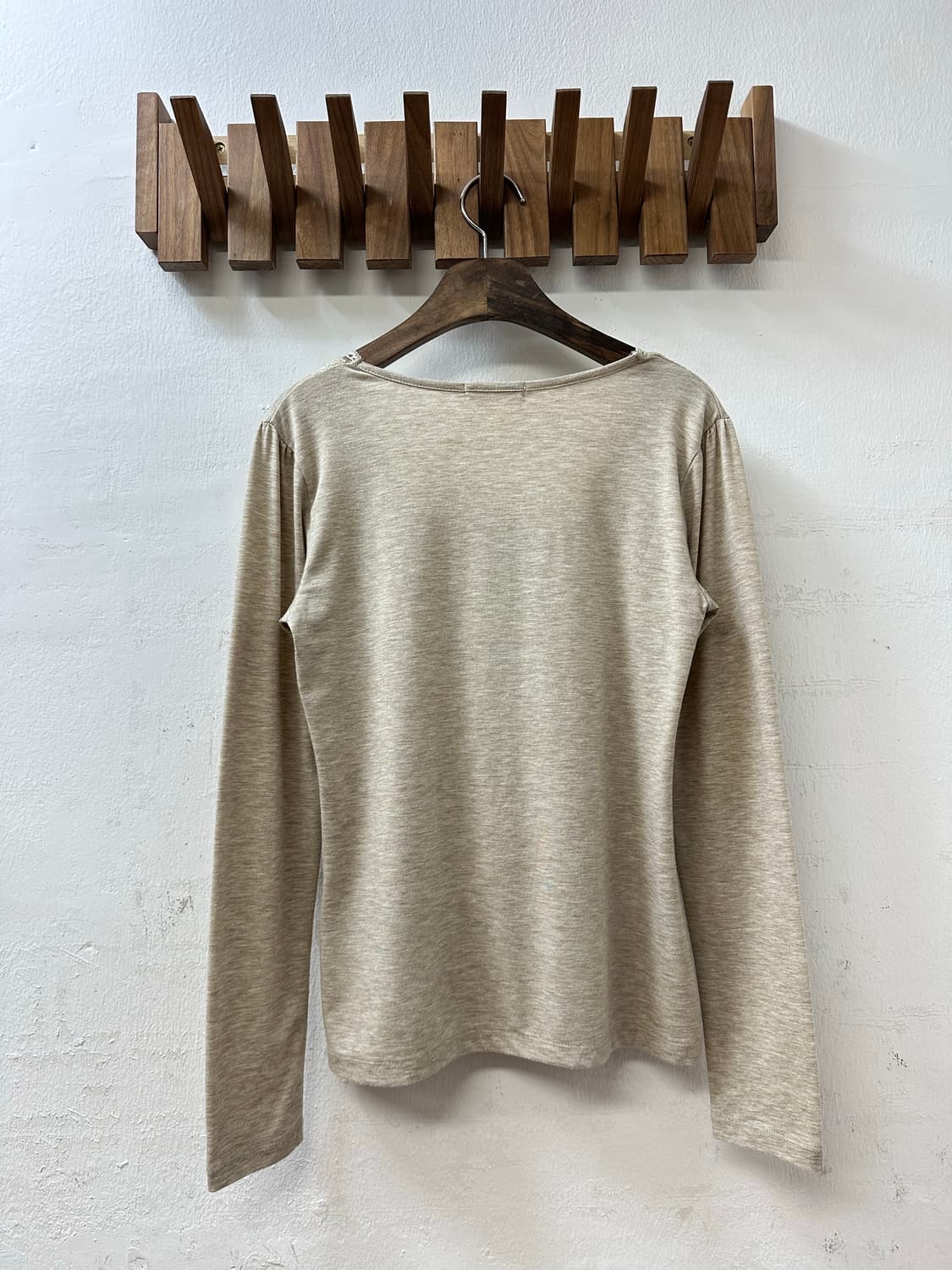 일본빈티지 레이스 디테일 스퀘어넥 셔링 디테일 내추럴 베이지 긴팔 티셔츠 상품이미지3