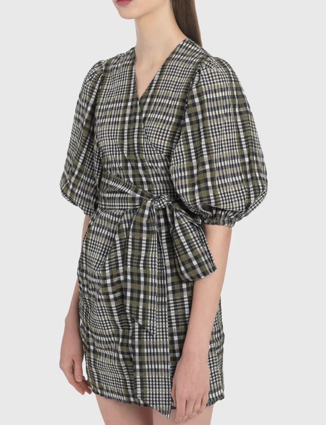 가니(GANNI) 시어서커 체크 랩 미니 원피스  상품이미지1