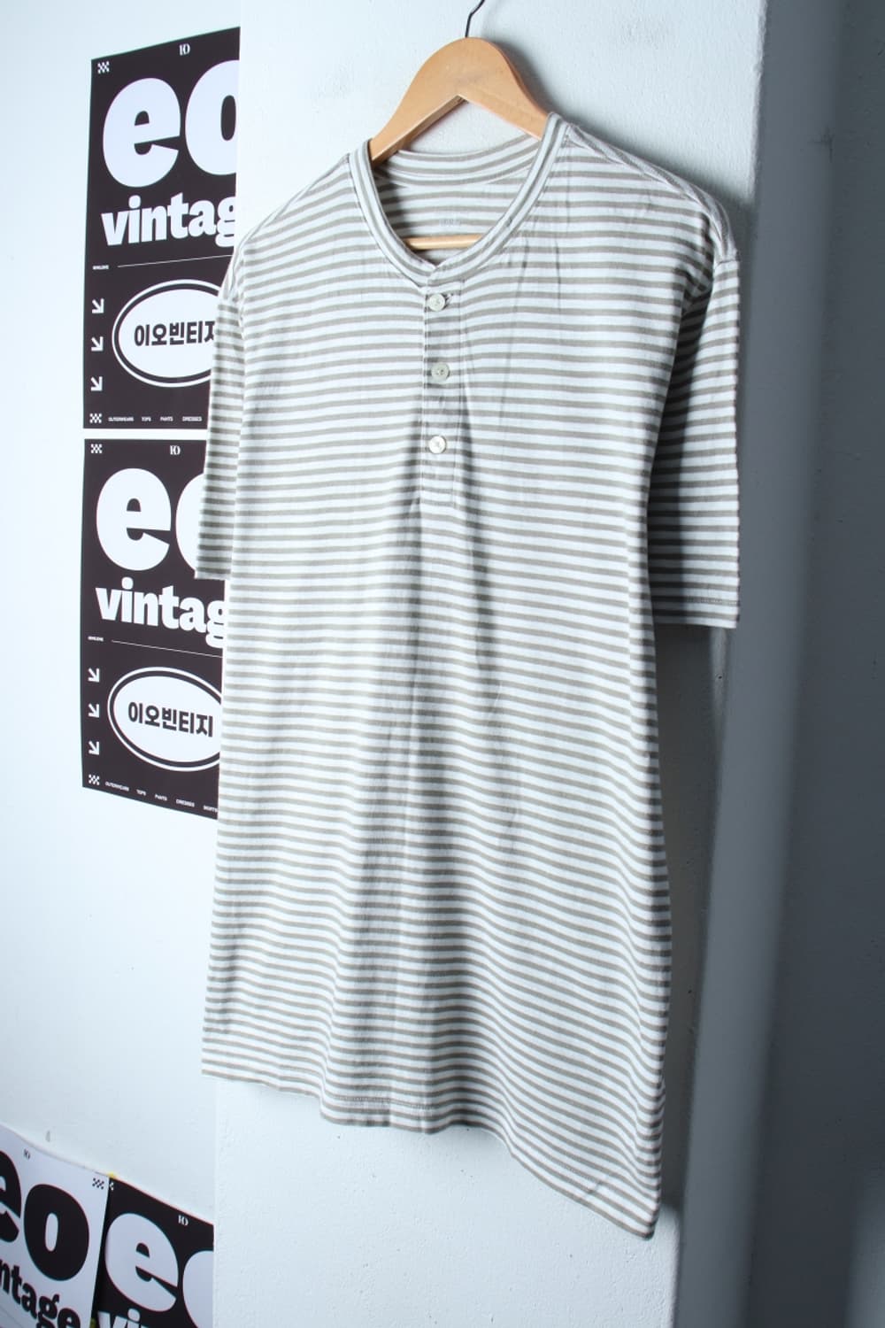(XL-2XL) 지오다노 반팔 티셔츠 헨리넥 스트라이프 카키-H32664 상품이미지1
