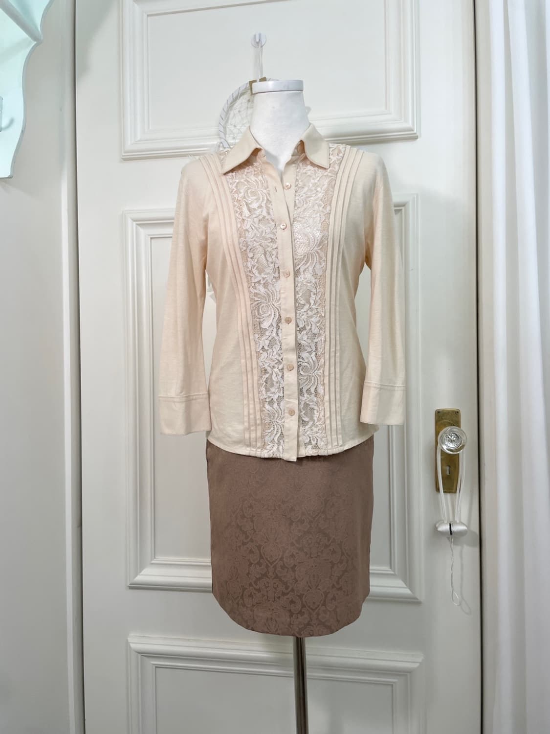 beige brown jacquard midi banding skirt 상품이미지6