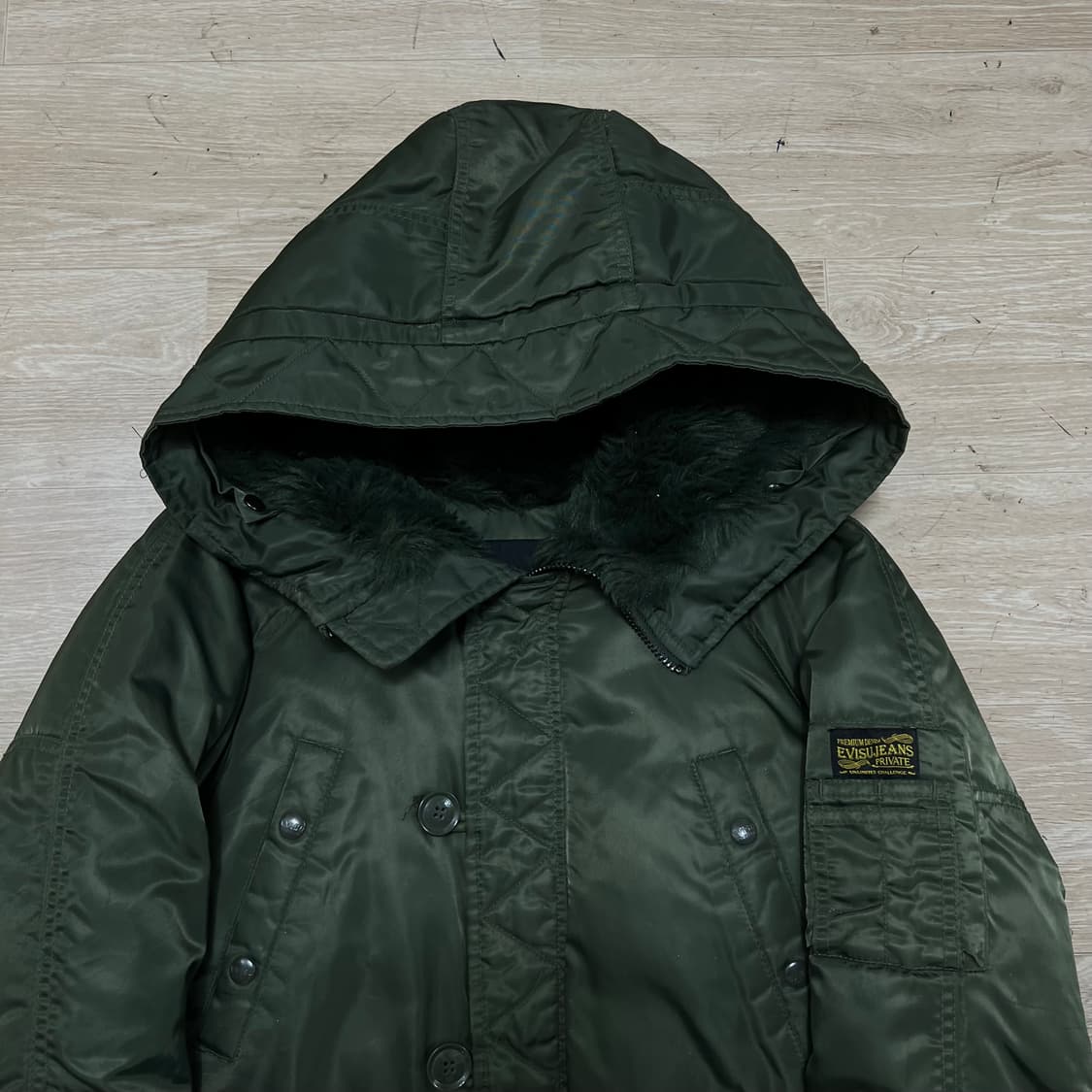 에비수 덕다운 후드 야상 롱패딩 점퍼 [카키] S/90 상품이미지2