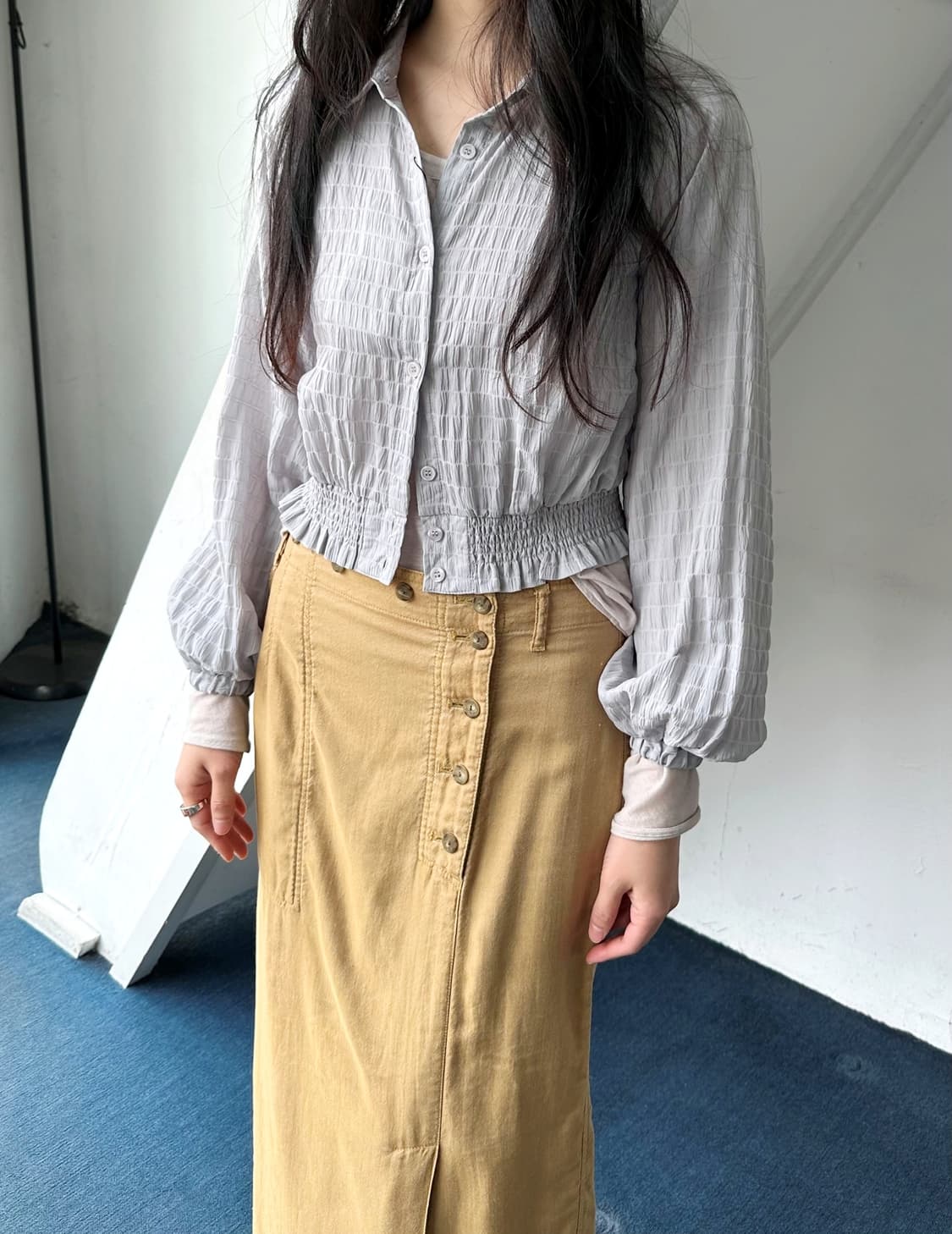 Sheer fabric design shirred blouse shirt 상품이미지10