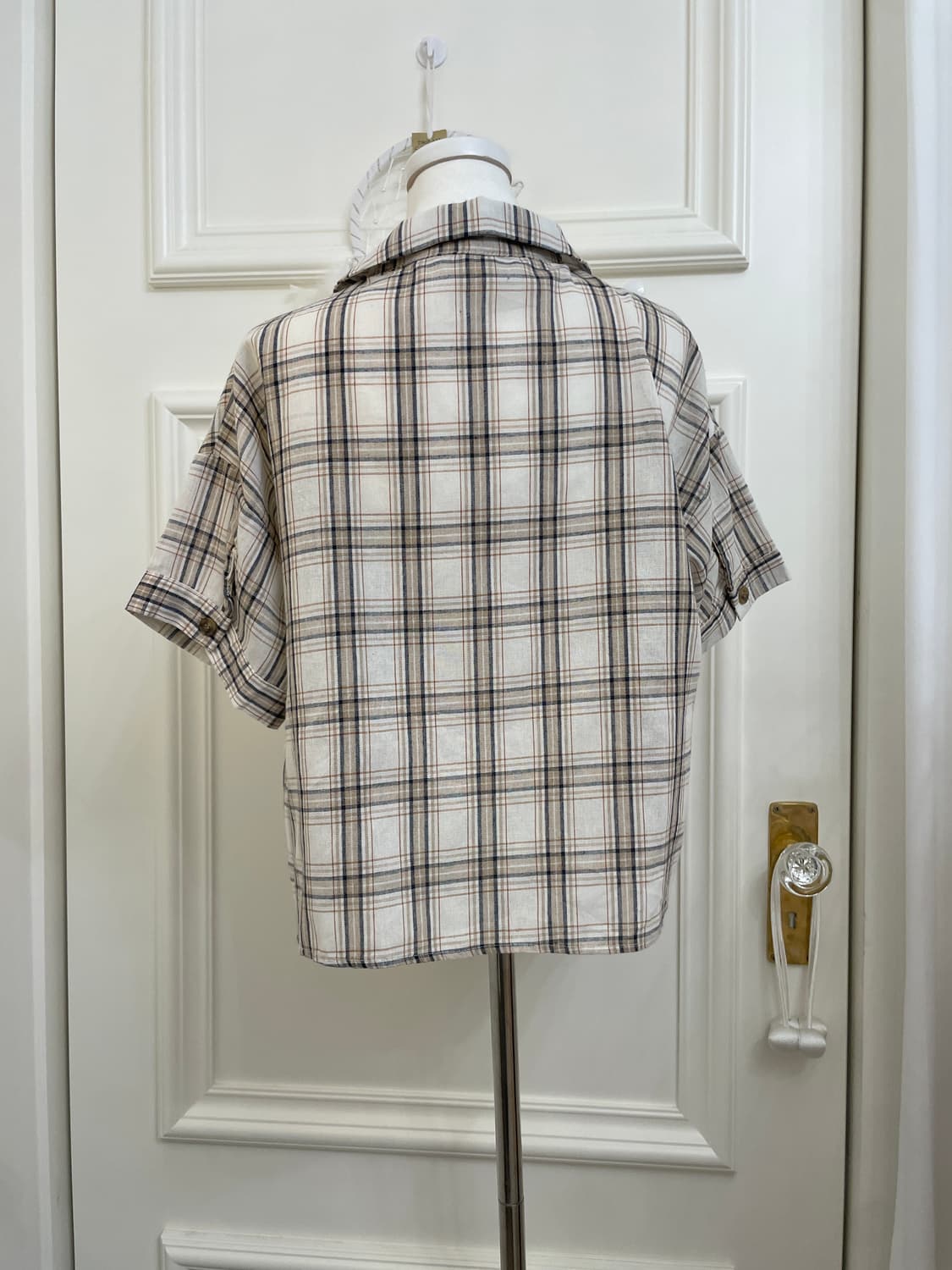 beige navy check crop summer shirt 상품이미지3
