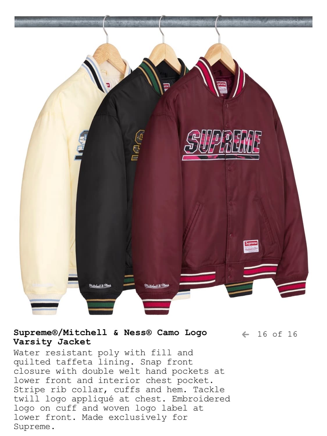 슈프림 미첼 & 네스 카모 로고 바시티 자켓 화이트 - 25SS 상품이미지2