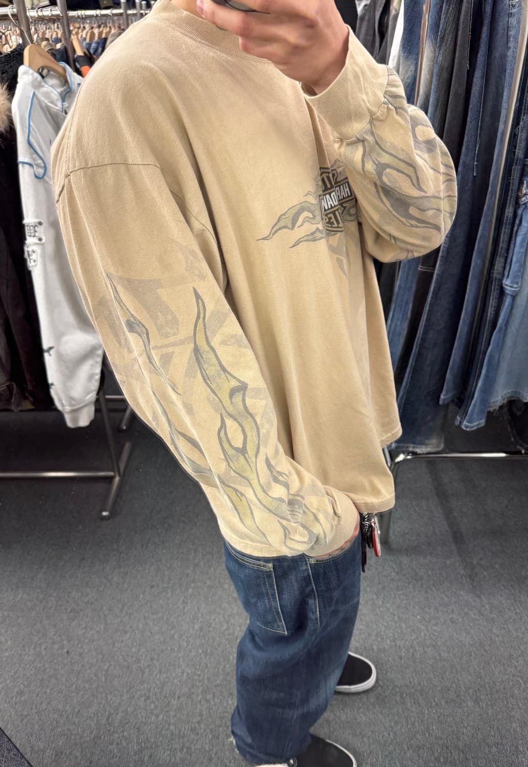 L)00’s할리데이비슨 빈티지 플레임 프린팅 베이지 롱슬리브 상품이미지2