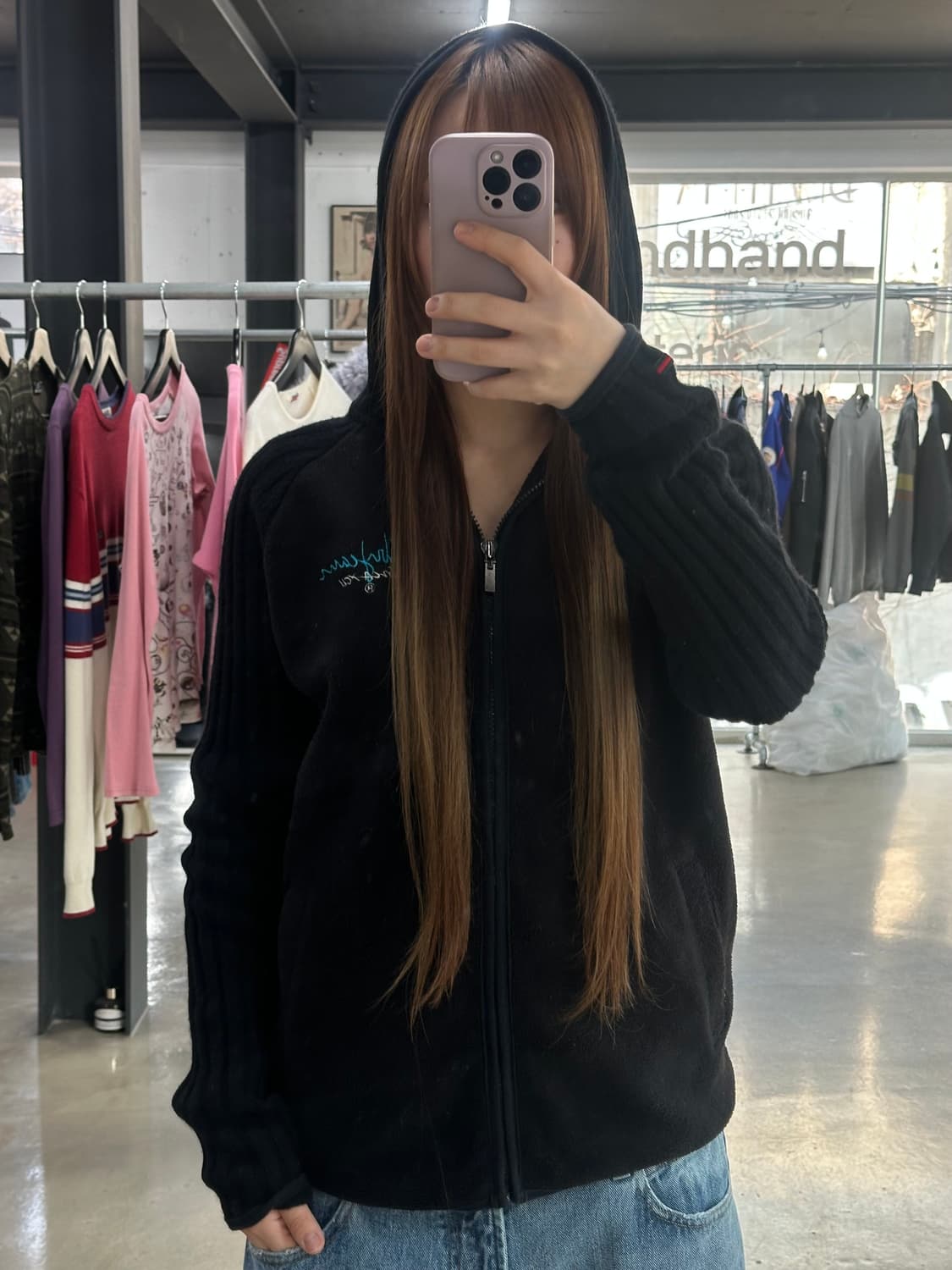 후부 자수백로고 후드 플리스 니트집업 상품이미지4