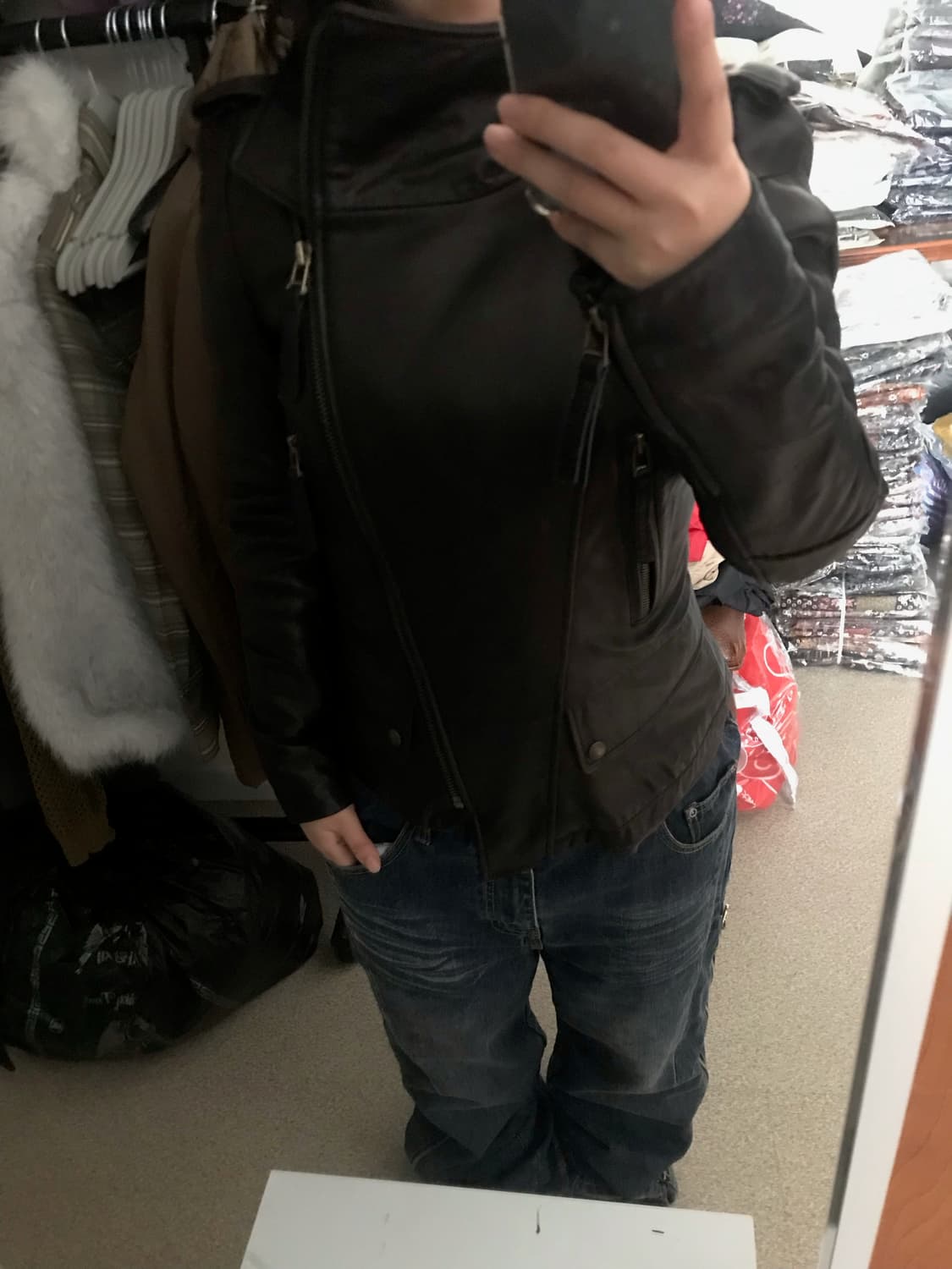 빈티지 언발 하이넥 레더자켓 브라운 상품이미지7