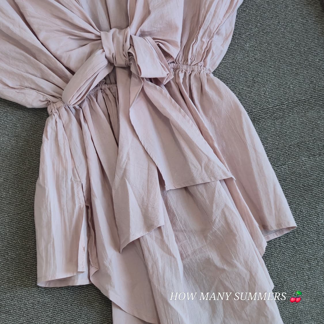 ​면 100% 연핑크 브이넥 리본 벨소매 블라우스 상품이미지4