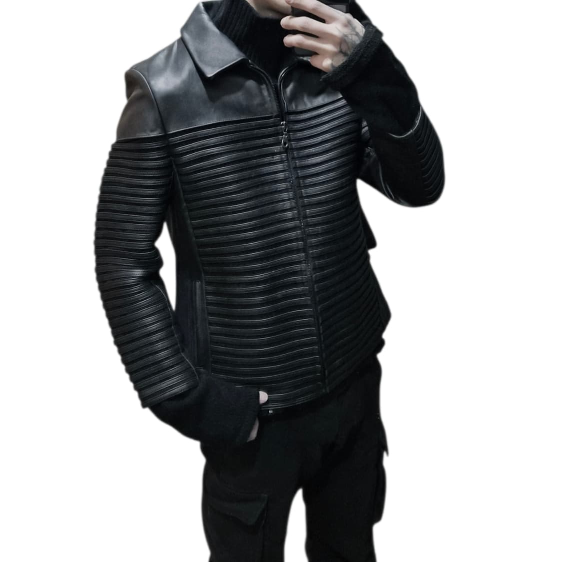 스트라이프 레더 자켓 상품이미지1