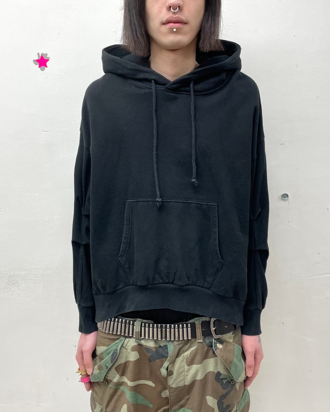 sleeve shirring black hoodie  상품이미지1