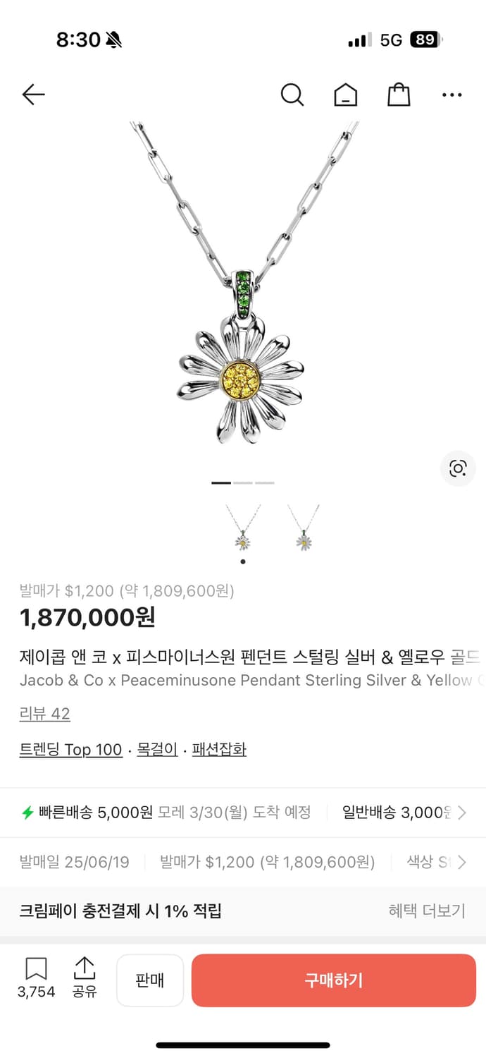 제이콥 앤 코 x 피스마이너스원 펜던트 스털링 실버 & 옐로우 골드 상품이미지3