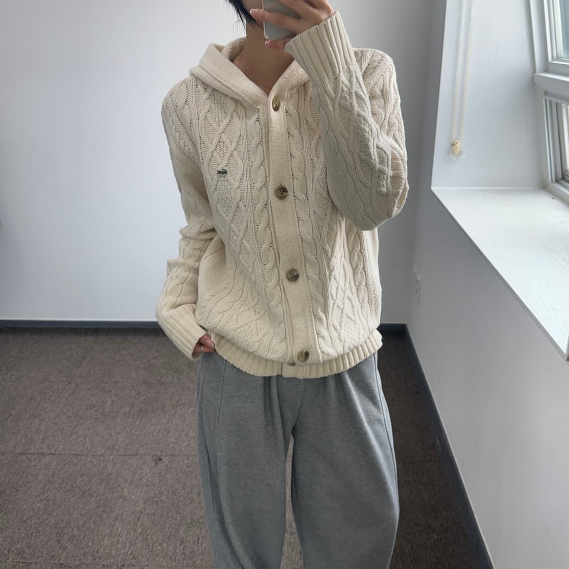 Lacoste 라코스테 스몰로고 아이보리 니트 후드가디건 상품이미지2