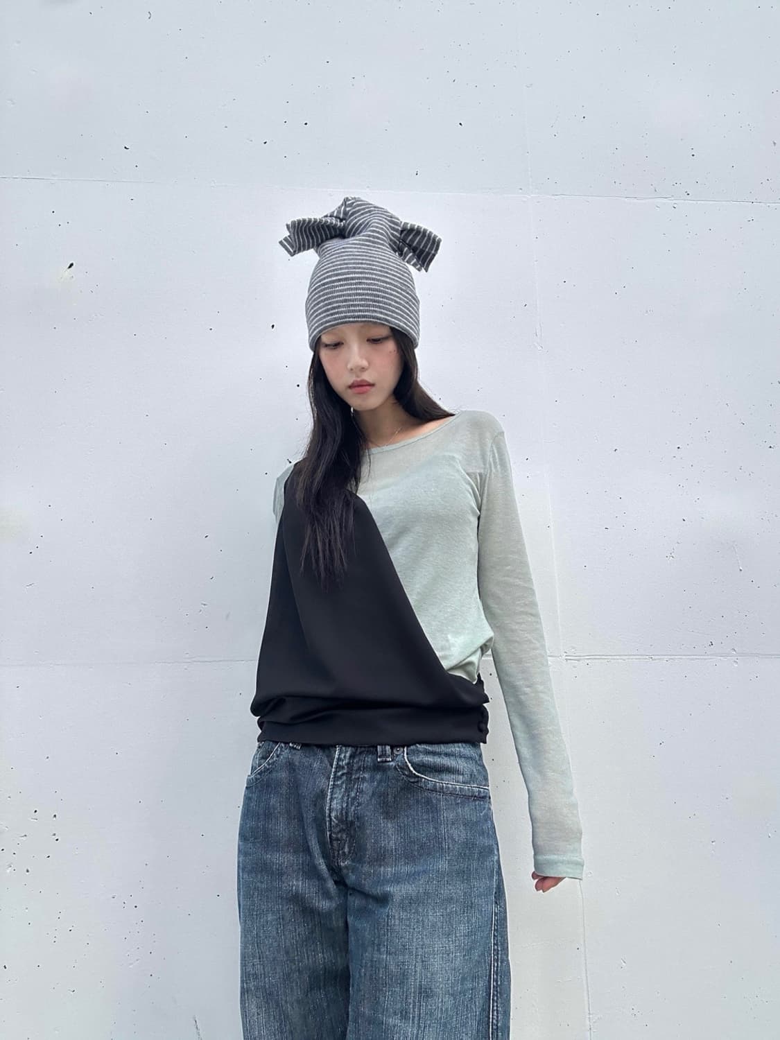 Twist rabbit yarn beanie / black & grey 상품이미지6