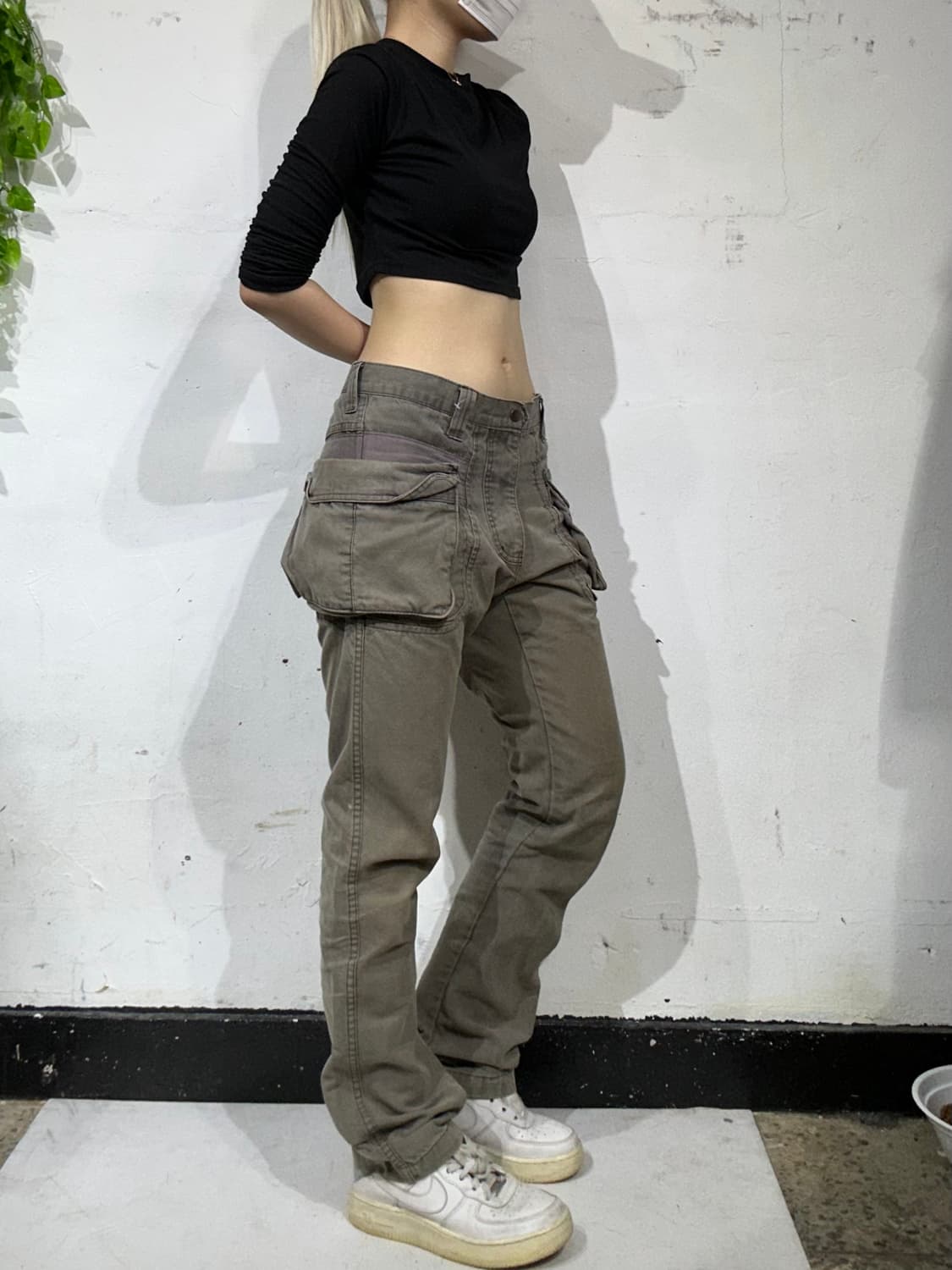 빈티지 카키 포켓 포인트 새깅 스키니 카고 데님 팬츠 L 상품이미지1