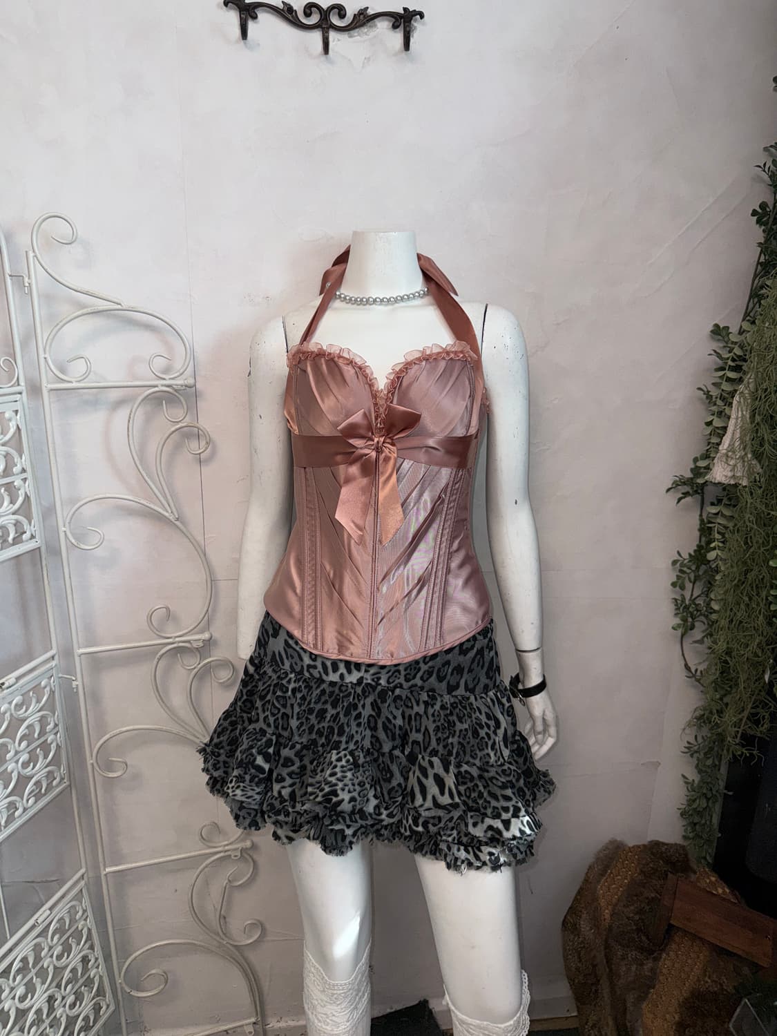 Rose pink satin ribbon halter corset 상품이미지4