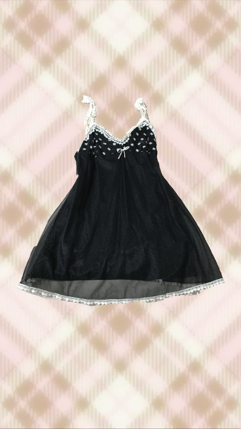 블랙 레이스 리본 펀칭 시스루 슬리브리스 나시 히메 오네 라떼 갸루 모리 상품이미지1