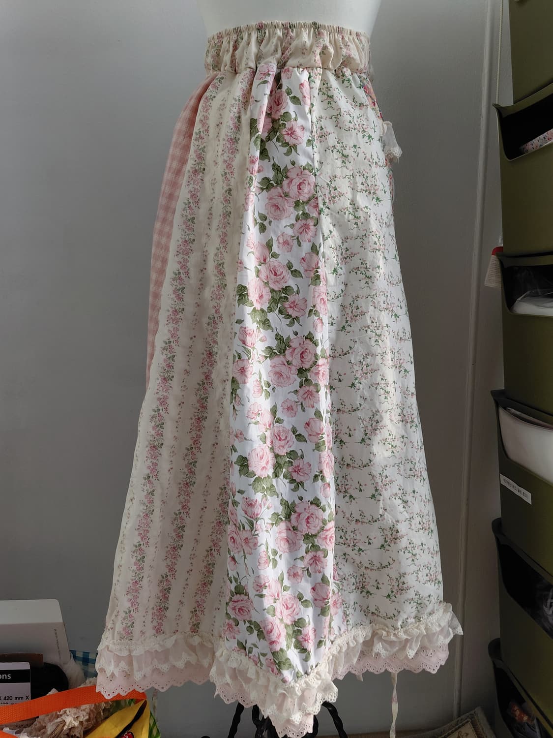 [핸드메이드 새상품] 빈티지 플라워 체크 패치워크 롱 스커트 상품이미지4