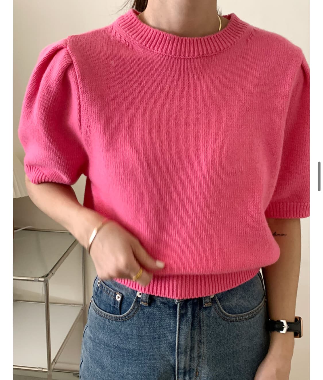 퍼프 크롭 반팔 니트 핑크 상품이미지2