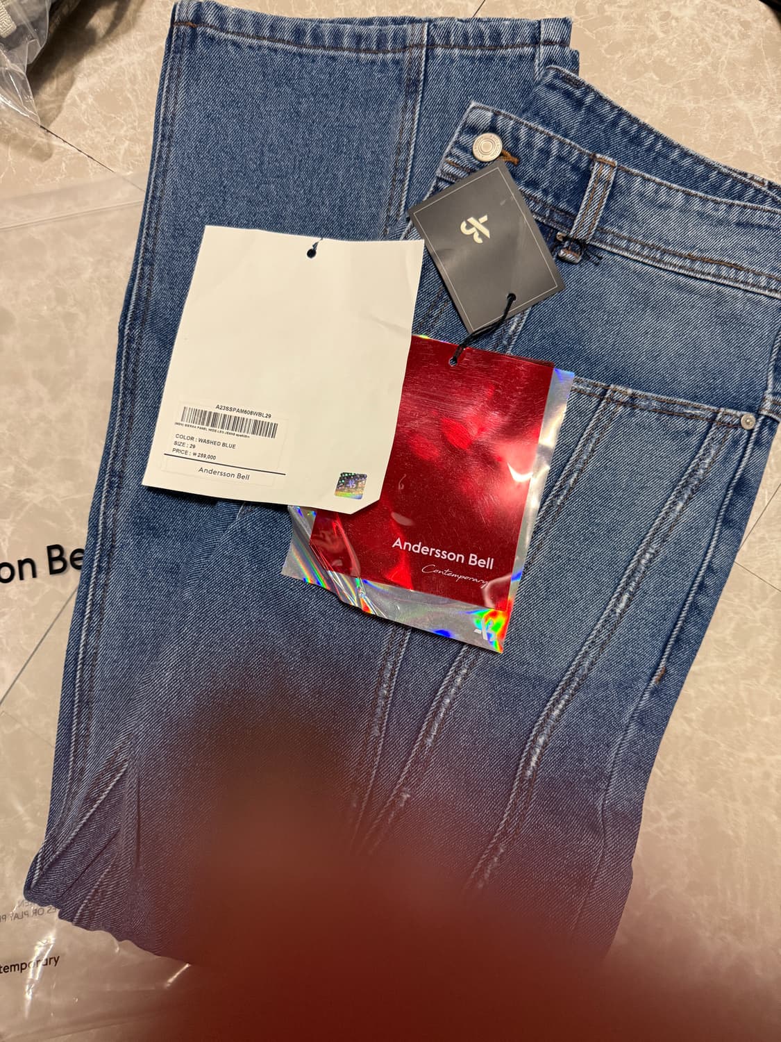 29사이즈 앤더슨벨 시에라 패널 와이드 레그 진 데님 워시드블루 상품이미지1