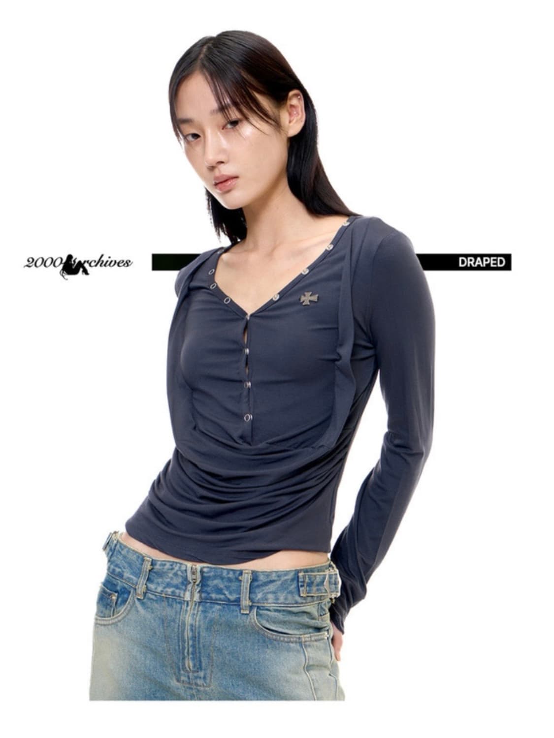 2000아카이브 DRAPED HENLEY TOP 차콜 새상품 상품이미지1