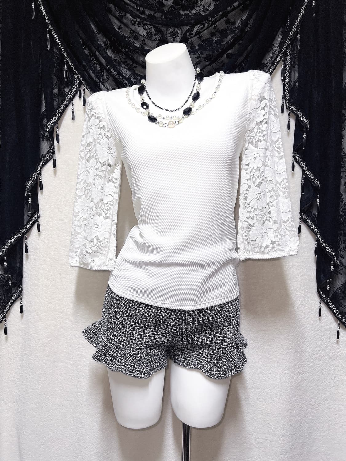 로맨틱갸루 로걀탑 진주 큐빅 시스루 레이스 블라우스 히메 양산형 핀터 상품이미지1